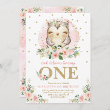 Girly Owl Blush Roze Bloemen 1e Verjaardagsfeest