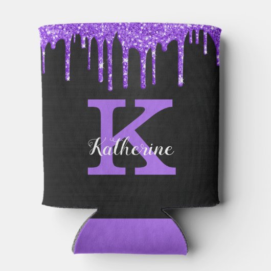 Girly Paars Black Glitter Drift Monogram Name Blikjeskoeler (Achterkant)