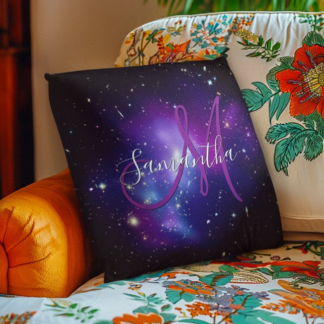 Girly Paars Celestial Photo Monogram Kussen (Girly Purple Celestial Photo Monogram Throw Pillow)