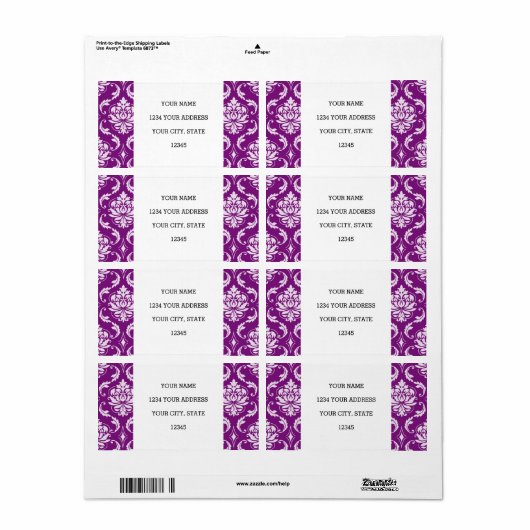 Girly Paars Damask Pattern Etiket (Full Sheet)