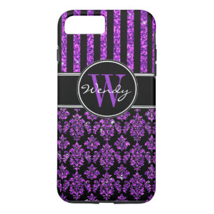 Girly Paars Glitter Black Damask Jouw naam Case-Mate iPhone Case