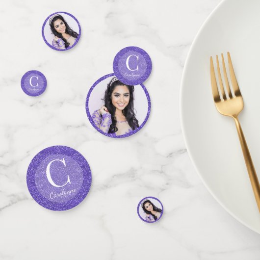 Girly Paars Glitter Monogram Foto Confetti (Groep)