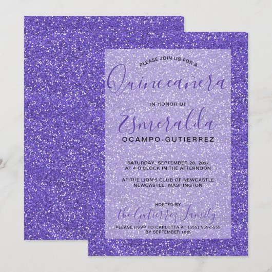 Girly Paars Glitter Quinceanera Birthday Kaart (Voorkant / Achterkant)