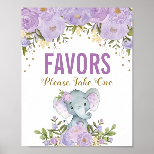 Girly Paars Gold Floral Elephant Favors Sign Poster (Voorkant)