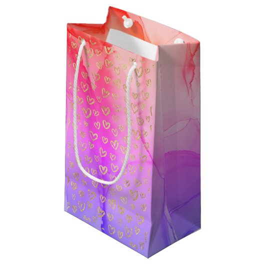 Girly Paars Gold Hearts Small Gift Bag Klein Cadeauzakje (Voorkant Gekanteld)