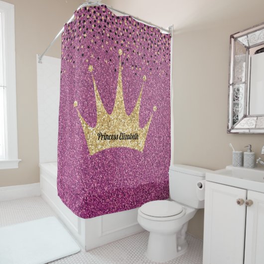 Girly Paars Gold Princess Crown Glitter Sparkly Douchegordijn (In situ)