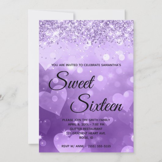 Girly Paars Heart Gradient Glitter Sweet Sixteen Kaart (Voorkant)