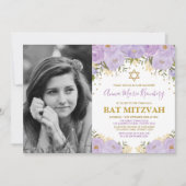 Girly Paars Lavender Gold Floral Bat Mitzvah Kaart (Voorkant)