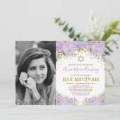 Girly Paars Lavender Gold Floral Bat Mitzvah Kaart (Staand voorkant)