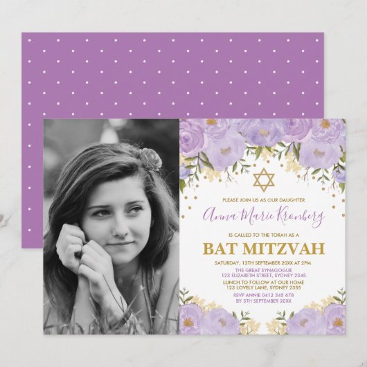 Girly Paars Lavender Gold Floral Bat Mitzvah Kaart (Voorkant / Achterkant)