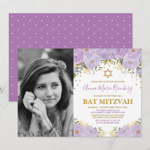 Girly Paars Lavender Gold Floral Bat Mitzvah Kaart