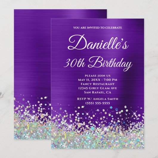 Girly Paars Ombre Holo Glitter 30th Birthday Kaart (Voorkant / Achterkant)