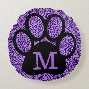 Girly Paars Paw Print met Monogram op Cheetah Rond Kussen