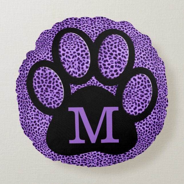 Girly Paars Paw Print met Monogram op Cheetah Rond Kussen (Voorkant)