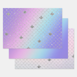 Girly Paars Pink Aqua Silver Mermaid Glitter Inpakpapier Vel