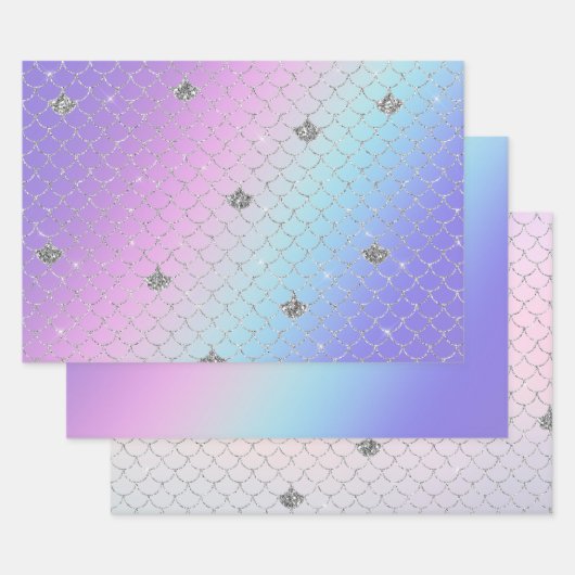 Girly Paars Pink Aqua Silver Mermaid Glitter Inpakpapier Vel (Set)