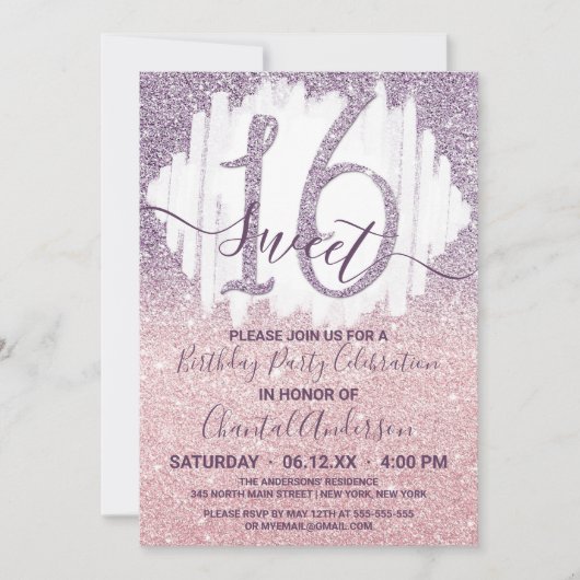 Girly Paars Pink Faux Glitter Ombre Sweet Sixteen Kaart (Voorkant)