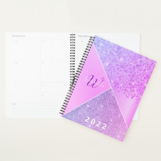 Girly Paars Pink Glitter Chic Monogram 2022 Planner (Display)