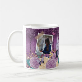 Girly Paarse Bloemen Faux Sparkly Twee Foto Naam Koffiemok