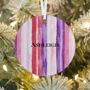 Girly Paarse Blush Roze Rode Strepen Kerst Metalen Ornament