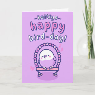 Girly Paarse Cartoon Budgie Pun Verjaardag Kaart