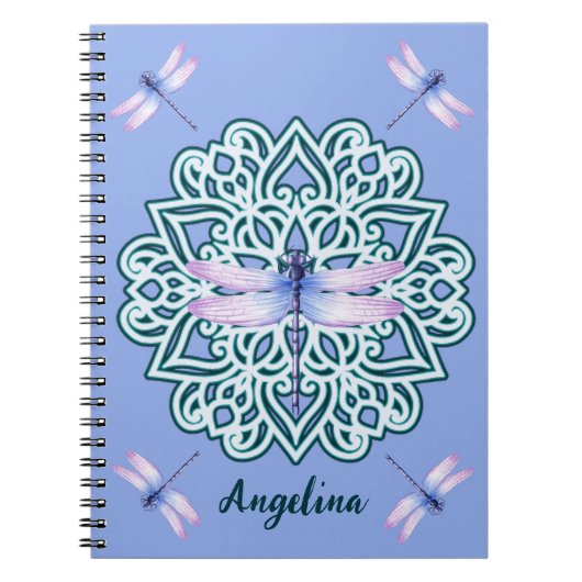 Girly Paarse Dragonfly Mandala Monogram Naam Notitieboek (Voorkant)