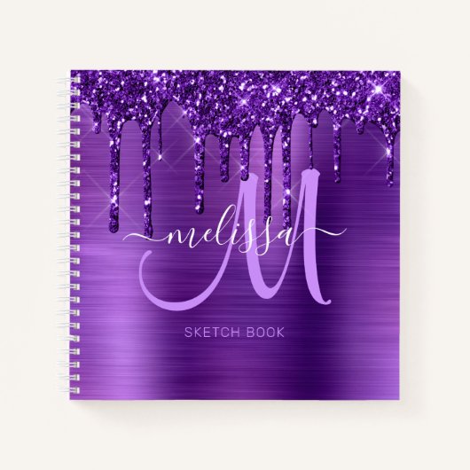 Girly Paarse Dripping Glitter Brush Metal Sketch Notitieboek (Voorkant)