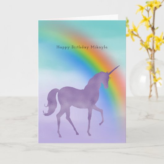 Girly Paarse Eenhoorn Regenboog gepersonaliseerde  Kaart (Gele Bloem)