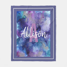 Girly Paarse en Blauwe Waterverf Monogram Naam Fleece Deken