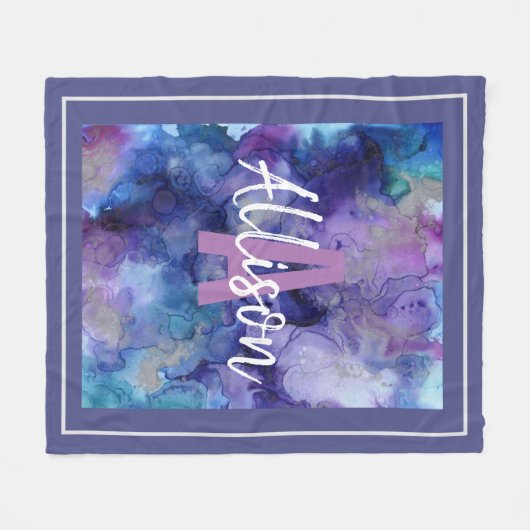 Girly Paarse en Blauwe Waterverf Monogram Naam Fleece Deken (Voorkant (Horizontaal))
