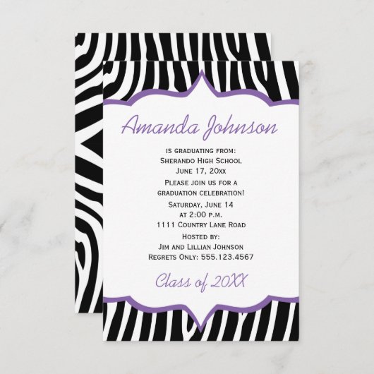 Girly Paarse en Zebra Print Afstudeerfeest Kaart (Voorkant / Achterkant)