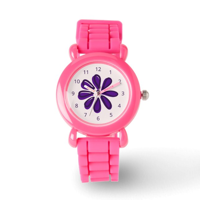 Girly Paarse Flower Doodle uur nummers eerste Horloge (Voorkant)