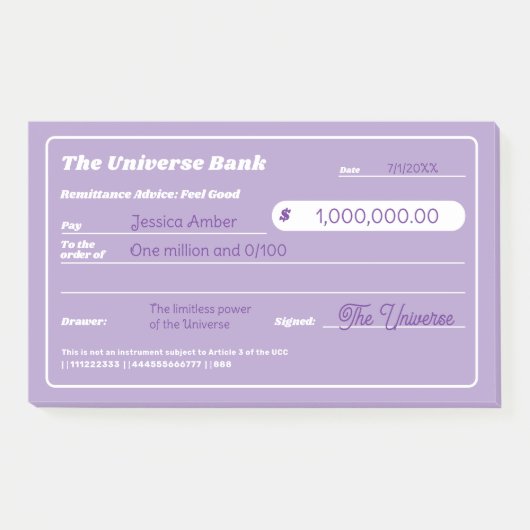 Girly Paarse Geld Manifestatie Check Post-it® Notes (Voorkant)