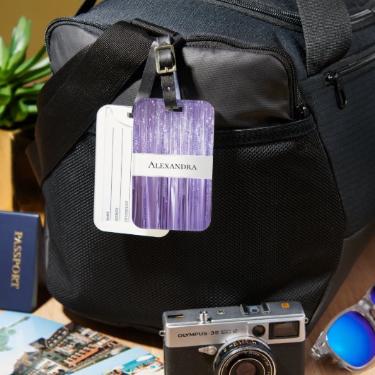 Girly Paarse Glam Glitzy Tinsel Stripes Bagagelabel (Voorkant & Achterkant)