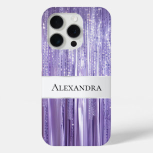 Girly Paarse Glam Glitzy Tinsel Stripes iPhone 15 Pro Case
