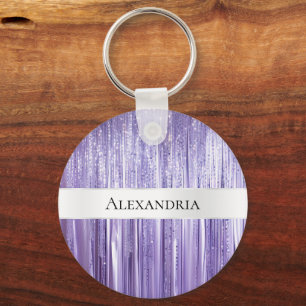 Girly Paarse Glam Glitzy Tinsel Stripes Sleutelhanger