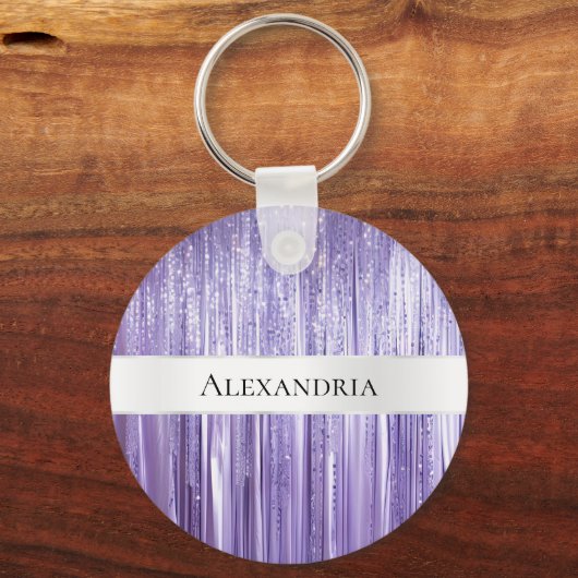 Girly Paarse Glam Glitzy Tinsel Stripes Sleutelhanger (Voorkant)