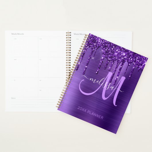Girly Paarse Glitter Geborsteld Metaal 2024 Planner (Display)