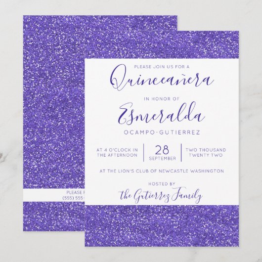 Girly Paarse Glitter Sparkle Quinceanera Kaart (Voorkant / Achterkant)