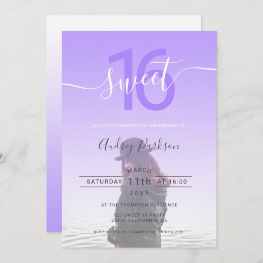 girly paarse gradiënt ombre fotoscript sweet 16 kaart (Voorkant / Achterkant)
