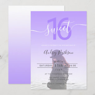 girly paarse gradiënt ombre fotoscript sweet 16 kaart