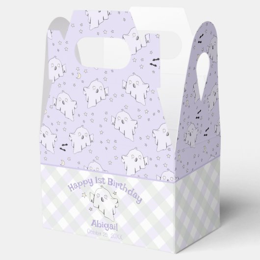 Girly Paarse Happy First Birthday Halloween Bedankdoosjes (Geopend)