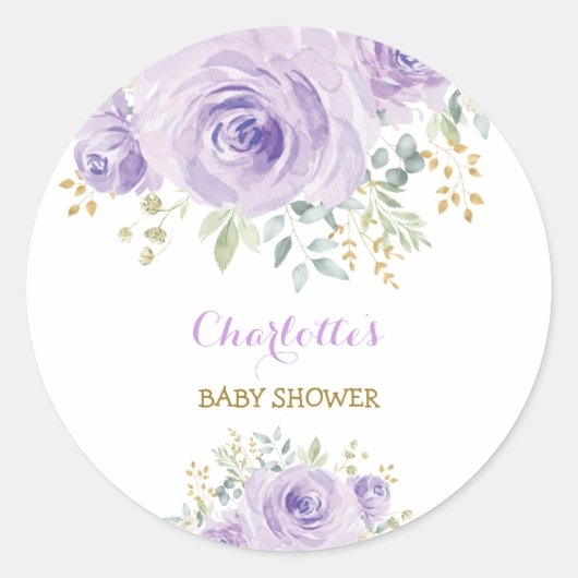 Girly Paarse Lila Bloemen Baby shower gunst Ronde Sticker (Voorkant)