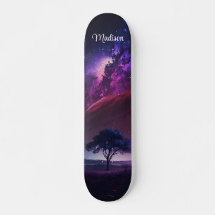 Girly Paarse Midnight Sky Tree Aangepaste naam Persoonlijk Skateboard