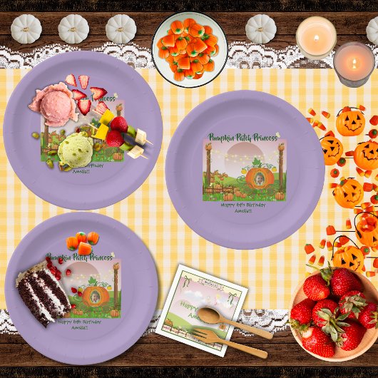 Girly Paarse Pompoen Patch Meisje Verjaardag Papieren Bordje