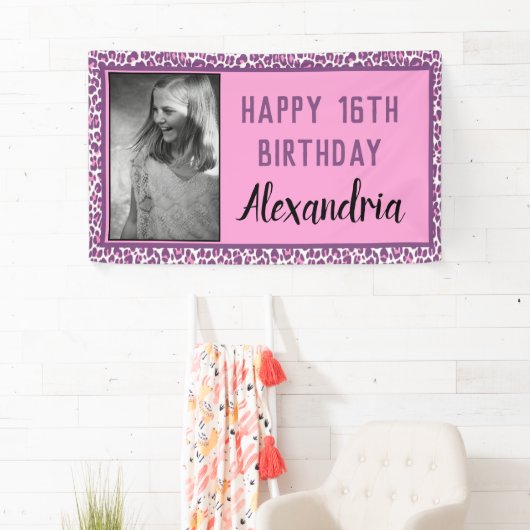 Girly Paarse/Roze Luipaard Print Sweet 16 Verjaard Spandoek (Insitu)