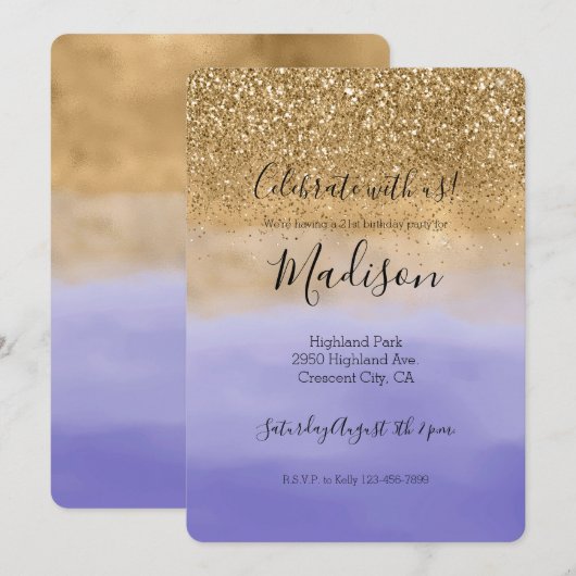 Girly Paarse Waterverf gouden glitter Kaart (Voorkant / Achterkant)