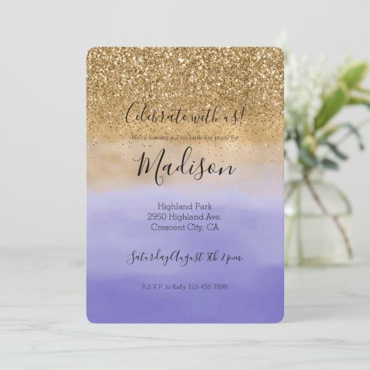 Girly Paarse Waterverf gouden glitter Kaart (Staand voorkant)