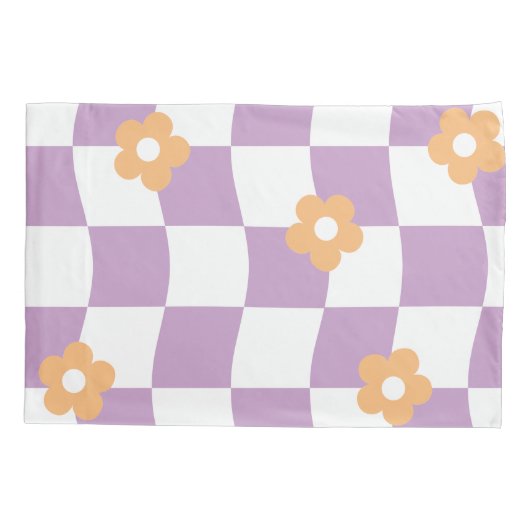 Girly Paarse Witte Checkerboard Bloemenpatroon Kussensloop (Achterkant-Links)