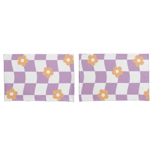 Girly Paarse Witte Checkerboard Bloemenpatroon Kussensloop (Voorkant-Set)